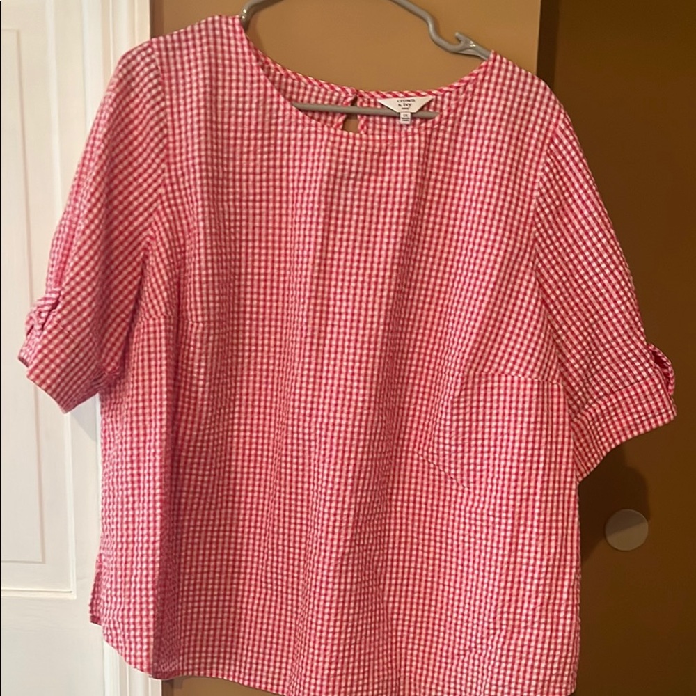 Crown & Ivy Hot Pink and White Casual Cuffed Sleeve Top